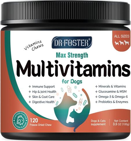 Dog Multivitamin with Glucosamine, Omega 3, Minerals, Probiotics and Enzymes, Dog Vitamins and Supplements for Joint, Skin & Coat Care, Digestive and Immune Health, Chicken Flavor - 120 Chews in Kuwait