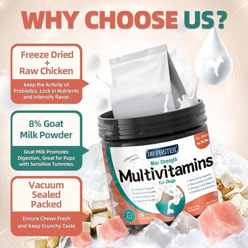 Dog Multivitamin with Glucosamine, Omega 3, Minerals, Probiotics and Enzymes, Dog Vitamins and Supplements for Joint, Skin & Coat Care, Digestive and Immune Health, Chicken Flavor - 120 Chews in Kuwait