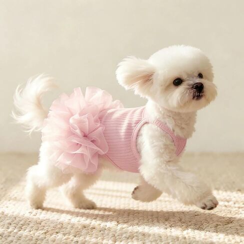 Dog Dress Tulle Skirt Outfit with Ribbed Knit Bodice Spaghetti Strap Party Photo Shoot Costume for Small Medium Pets Pink XL in Kuwait