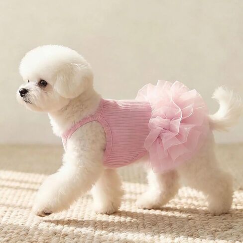 Dog Dress Tulle Skirt Outfit with Ribbed Knit Bodice Spaghetti Strap Party Photo Shoot Costume for Small Medium Pets Pink XL in Kuwait