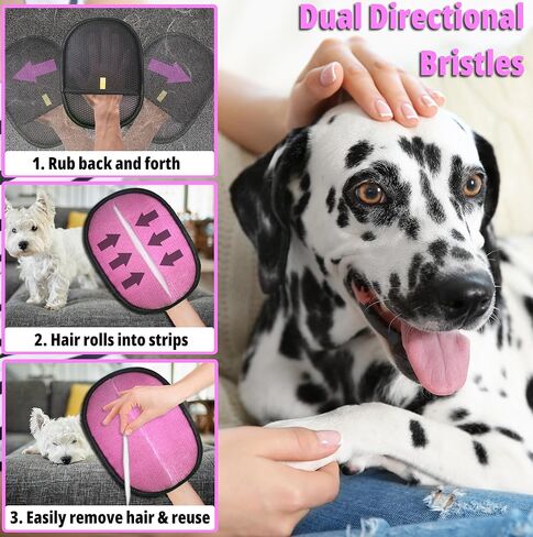 Pet Hair Removal Glove for Cats & Dogs - Reusable Electrostatic Pet Hair Remover Tool for Furniture, Couch, Carpet, Clothing & Car Seats - Pink and Black in Kuwait