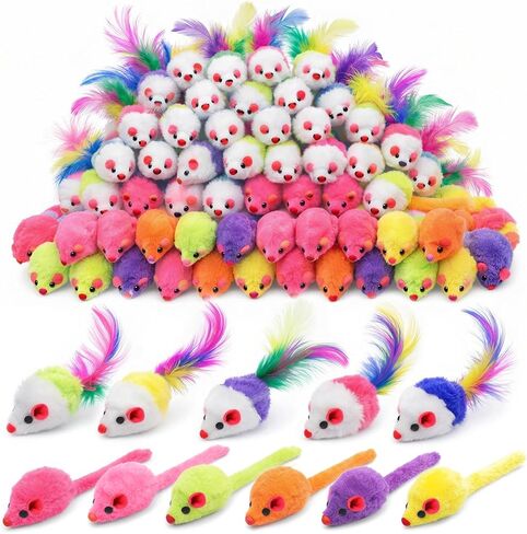 120 Pcs Fur Mice Cat Toys Furry Rattle Mouse Kitten Toy Assorted Interactive Cat Toys with Feather Tails for Indoor Cats Interactive Play Color Varies in Kuwait