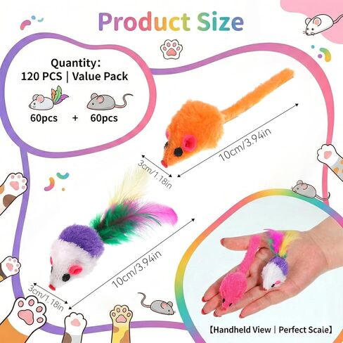 120 Pcs Fur Mice Cat Toys Furry Rattle Mouse Kitten Toy Assorted Interactive Cat Toys with Feather Tails for Indoor Cats Interactive Play Color Varies in Kuwait