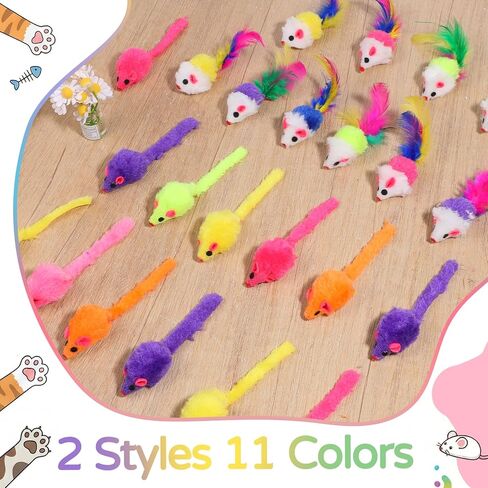 120 Pcs Fur Mice Cat Toys Furry Rattle Mouse Kitten Toy Assorted Interactive Cat Toys with Feather Tails for Indoor Cats Interactive Play Color Varies in Kuwait