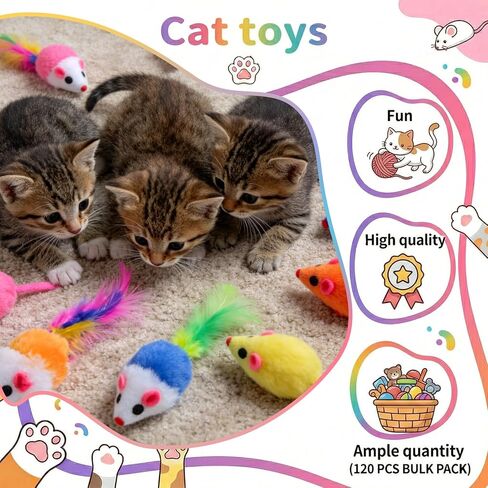 120 Pcs Fur Mice Cat Toys Furry Rattle Mouse Kitten Toy Assorted Interactive Cat Toys with Feather Tails for Indoor Cats Interactive Play Color Varies in Kuwait