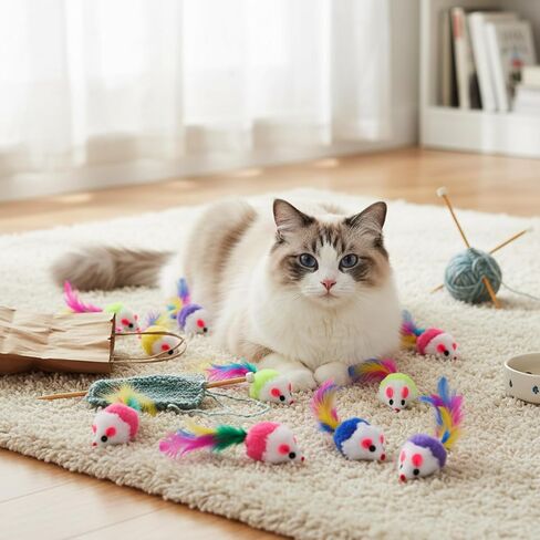 120 Pcs Fur Mice Cat Toys Furry Rattle Mouse Kitten Toy Assorted Interactive Cat Toys with Feather Tails for Indoor Cats Interactive Play Color Varies in Kuwait