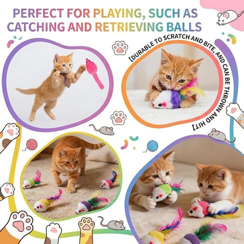 120 Pcs Fur Mice Cat Toys Furry Rattle Mouse Kitten Toy Assorted Interactive Cat Toys with Feather Tails for Indoor Cats Interactive Play Color Varies in Kuwait