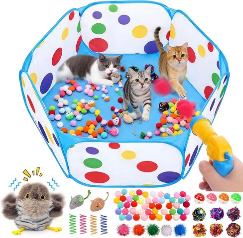 AIERSA Cat Ball Pit for Indoor Cats,Interactive Toy Included 200 Pom Pom Balls and Launcher&Springs&Jingle Balls&Feather Spring Ball,Cats Self Play Enrichment Stimulation Toys for Bored Cat in Kuwait