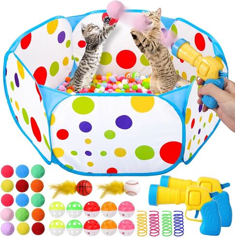 AIERSA Cat Ball Pit for Indoor Cats,Interactive Toy Included 200 Pom Pom Balls and Launcher&Springs&Jingle Balls&Feather Spring Ball,Cats Self Play Enrichment Stimulation Toys for Bored Cat in Saudi Arabia