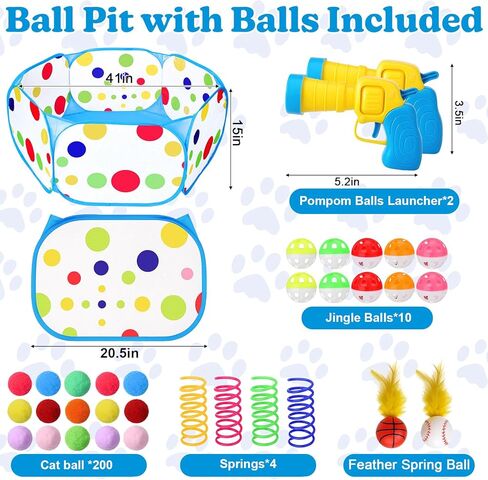 AIERSA Cat Ball Pit for Indoor Cats,Interactive Toy Included 200 Pom Pom Balls and Launcher&Springs&Jingle Balls&Feather Spring Ball,Cats Self Play Enrichment Stimulation Toys for Bored Cat in Saudi Arabia