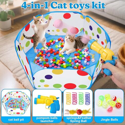 AIERSA Cat Ball Pit for Indoor Cats,Interactive Toy Included 200 Pom Pom Balls and Launcher&Springs&Jingle Balls&Feather Spring Ball,Cats Self Play Enrichment Stimulation Toys for Bored Cat in Saudi Arabia