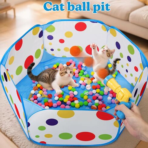 AIERSA Cat Ball Pit for Indoor Cats,Interactive Toy Included 200 Pom Pom Balls and Launcher&Springs&Jingle Balls&Feather Spring Ball,Cats Self Play Enrichment Stimulation Toys for Bored Cat in Saudi Arabia