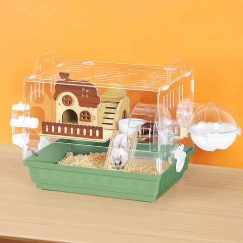 Hamster Cage Acrylic Hamster Habitat 360 Viewing Transparent Pet Rat Cage with Running Wheel & Hideout for Dwarf/Syrian Hamsters, Mice & Gerbils, Green, 13.3" L*10.2" W*12.4" H in Kuwait