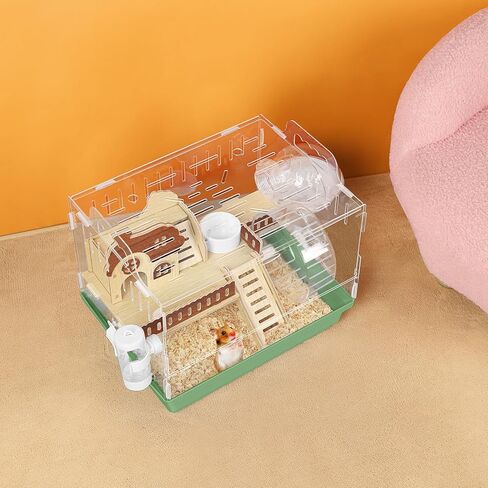Hamster Cage Acrylic Hamster Habitat 360 Viewing Transparent Pet Rat Cage with Running Wheel & Hideout for Dwarf/Syrian Hamsters, Mice & Gerbils, Green, 13.3" L*10.2" W*12.4" H in Kuwait