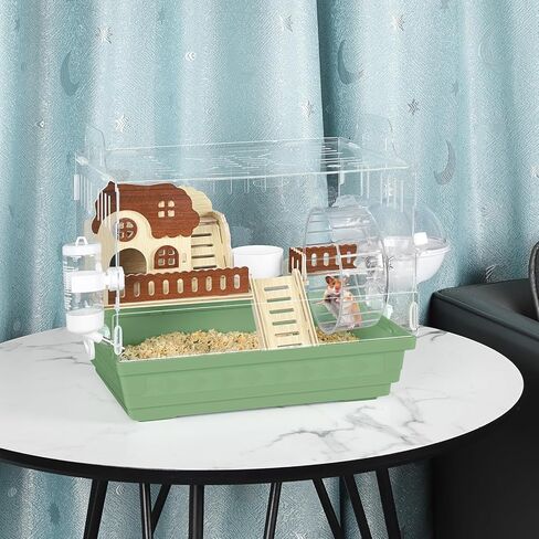Hamster Cage Acrylic Hamster Habitat 360 Viewing Transparent Pet Rat Cage with Running Wheel & Hideout for Dwarf/Syrian Hamsters, Mice & Gerbils, Green, 13.3" L*10.2" W*12.4" H in Kuwait