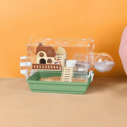 Hamster Cage Acrylic Hamster Habitat 360 Viewing Transparent Pet Rat Cage with Running Wheel & Hideout for Dwarf/Syrian Hamsters, Mice & Gerbils, Green, 13.3" L*10.2" W*12.4" H in Kuwait