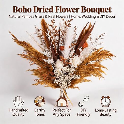 Fall Dried Flower Bouquet - Natural Pampas Grass and Real Flowers Ideal for Home Decor, Wedding Decor, Bridal Bouquets, Floral Arrangement in Saudi Arabia