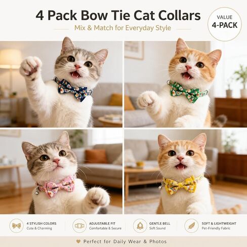 4 Pack Cute Cat and Puppy Collar with Removable Bow Tie and Bell, Adjustable Fit Kitten Collars for Cats & Small Dogs, Cute Bowknot in Kuwait