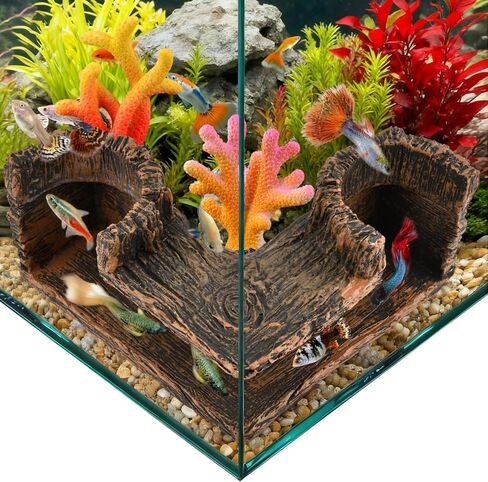 Aquarium Underground Corner Cave with 2 Simulated Resin Coral, Natural-Looking Wood-Like Bet-ta Fish Hideout Fish Tank Decorations, for Avoid Aggressive Behavior in Kuwait