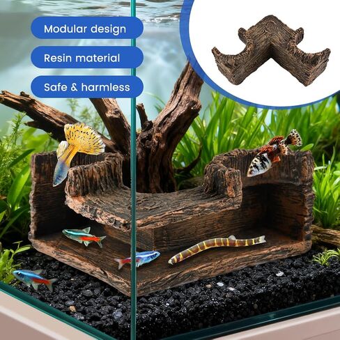Aquarium Underground Corner Cave with 2 Simulated Resin Coral, Natural-Looking Wood-Like Bet-ta Fish Hideout Fish Tank Decorations, for Avoid Aggressive Behavior in Kuwait