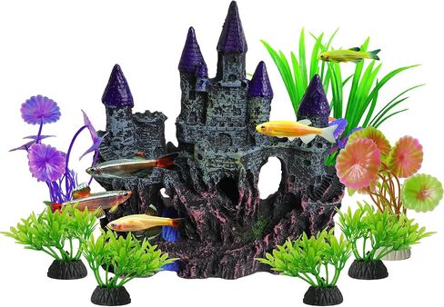 Aquarium Resin Castle Decor with 7 Pcs Artificial Plastic Plants, Fish Tank Decorations Accessories Set Landscaping Ornaments for Betta Guppies Shrimp Hideout Cave in Kuwait
