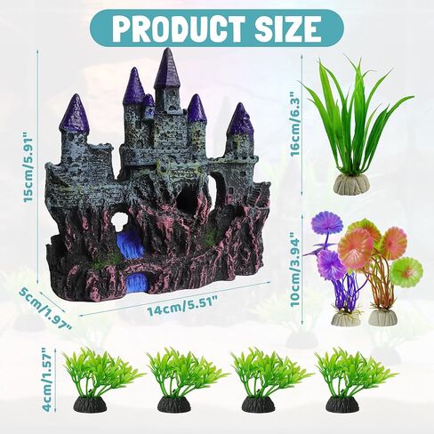 Aquarium Resin Castle Decor with 7 Pcs Artificial Plastic Plants, Fish Tank Decorations Accessories Set Landscaping Ornaments for Betta Guppies Shrimp Hideout Cave in Kuwait