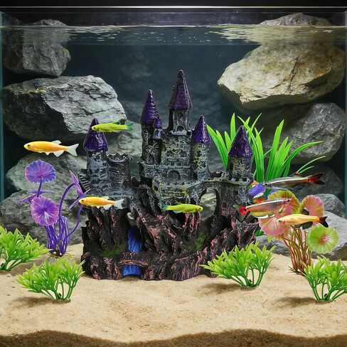 Aquarium Resin Castle Decor with 7 Pcs Artificial Plastic Plants, Fish Tank Decorations Accessories Set Landscaping Ornaments for Betta Guppies Shrimp Hideout Cave in Kuwait