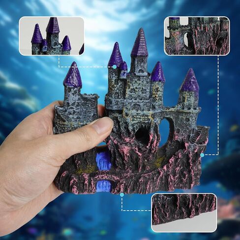 Aquarium Resin Castle Decor with 7 Pcs Artificial Plastic Plants, Fish Tank Decorations Accessories Set Landscaping Ornaments for Betta Guppies Shrimp Hideout Cave in Kuwait