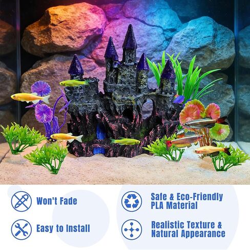 Aquarium Resin Castle Decor with 7 Pcs Artificial Plastic Plants, Fish Tank Decorations Accessories Set Landscaping Ornaments for Betta Guppies Shrimp Hideout Cave in Kuwait