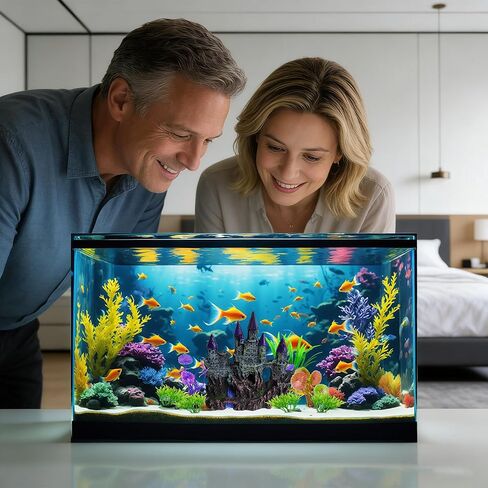 Aquarium Resin Castle Decor with 7 Pcs Artificial Plastic Plants, Fish Tank Decorations Accessories Set Landscaping Ornaments for Betta Guppies Shrimp Hideout Cave in Kuwait