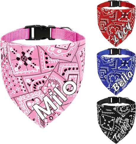 Personalized Dog Bandana Collar, Custom Dog Bandanas with Name, Classic Paisley Pattern, No-Tie Adjustable Nylon Collars for Medium Dogs, Pink, M in Kuwait