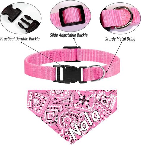 Personalized Dog Bandana Collar, Custom Dog Bandanas with Name, Classic Paisley Pattern, No-Tie Adjustable Nylon Collars for Medium Dogs, Pink, M in Kuwait