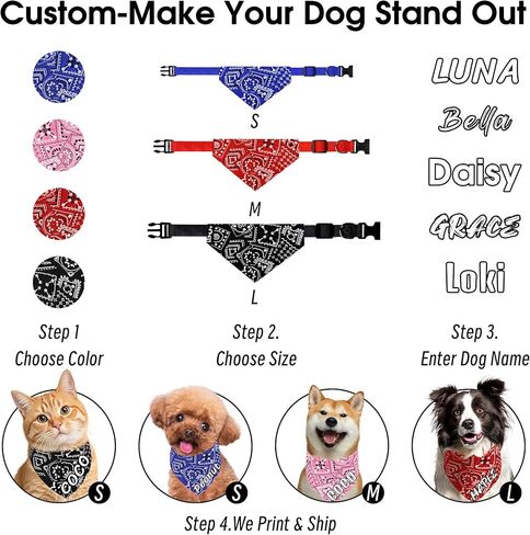 Personalized Dog Bandana Collar, Custom Dog Bandanas with Name, Classic Paisley Pattern, No-Tie Adjustable Nylon Collars for Medium Dogs, Pink, M in Kuwait