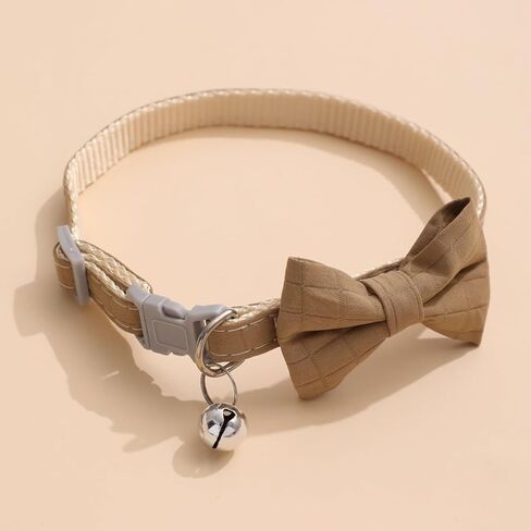 Adjustable Plaid Bow Tie Pet Collar with Bell - Nylon, Perfect for Small Cats & Dogs(Khaki) in Kuwait