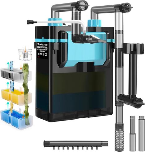 External Hang-On-Back Aquarium Filter, 4-Stage Filtration Fish Tank Filter with Oil Skimmer, Adjustable Flow & Oxygenation, Duckbill Nozzle & Shower Spray Bar, Power Filter for 30-60 Gallon in Kuwait