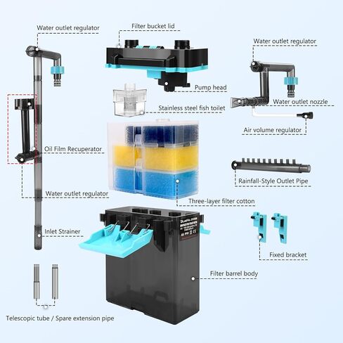 External Hang-On-Back Aquarium Filter, 4-Stage Filtration Fish Tank Filter with Oil Skimmer, Adjustable Flow & Oxygenation, Duckbill Nozzle & Shower Spray Bar, Power Filter for 30-60 Gallon in Kuwait