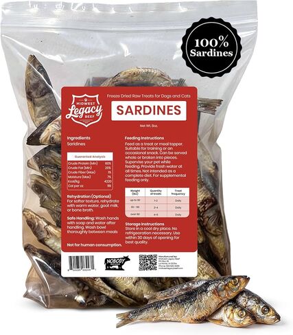 Midwest Legacy Freeze Dried Sardines for Dogs & Cats (8 Oz) - 100% Whole Sardines, Single Ingredient Rich in Omega 3 & Protein Freeze Dried Fish Dog Treats, Grain Free No Additives Dog Training Treats in Kuwait