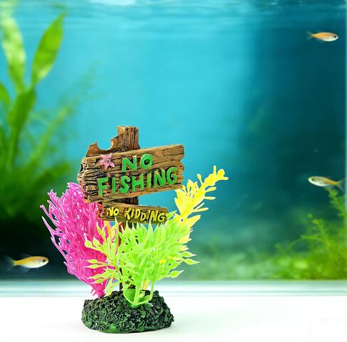 2-in-1 Aquarium Decoration with Colorful Plants and No Fishing Sign, Dual-Use Tank Ornament for Freshwater and Saltwater, Sign Ornament in Kuwait