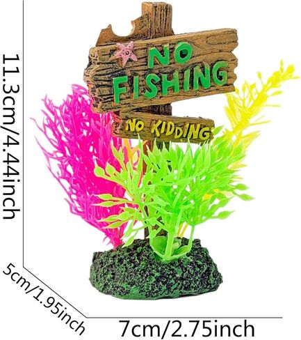 2-in-1 Aquarium Decoration with Colorful Plants and No Fishing Sign, Dual-Use Tank Ornament for Freshwater and Saltwater, Sign Ornament in Kuwait