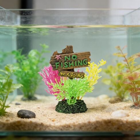 2-in-1 Aquarium Decoration with Colorful Plants and No Fishing Sign, Dual-Use Tank Ornament for Freshwater and Saltwater, Sign Ornament in Kuwait