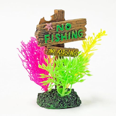 2-in-1 Aquarium Decoration with Colorful Plants and No Fishing Sign, Dual-Use Tank Ornament for Freshwater and Saltwater, Sign Ornament in Kuwait