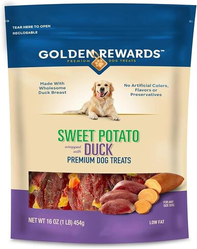 Golden|Rewards البطاطا الحلوة المغلفة بمكافآت البط المميزة للكلاب، 16 أونصة - خالية من الحبوب، مضغ طبيعي، قليل الدهون، عالي البروتين، لجميع أحجام الكلاب in Kuwait