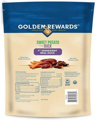 Golden|Rewards البطاطا الحلوة المغلفة بمكافآت البط المميزة للكلاب، 16 أونصة - خالية من الحبوب، مضغ طبيعي، قليل الدهون، عالي البروتين، لجميع أحجام الكلاب in Kuwait