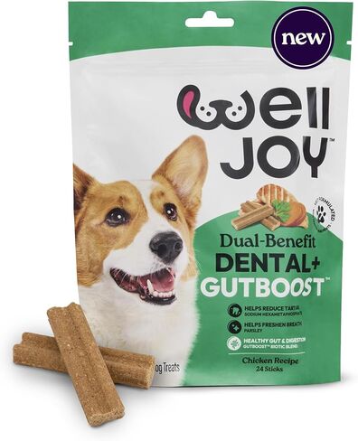 New! WellJoy Dog Treat Dental+ GutBoost | Helps Reduce Tartar | Freshens Breath | Dual-Benefit GutBoost Formulation | Vet Formulated | Made in USA | Made with Real Shredded Chicken | 24 Sticks in Saudi Arabia
