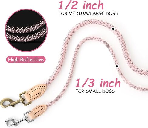 Mile High Life Small Dog Leash, Thin Lightweight Reflective Rope Leash with Genuine Leather Connection, Great for Small Medium Dogs (Pink, 48 Inch-1/3) in Kuwait
