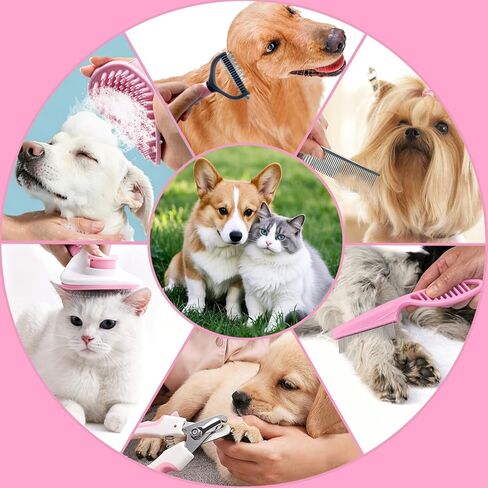 7PCS Dog Grooming Brush Kit for Shedding and Matted Fur, Self-Cleaning Slicker Brush with Undercoat Rake, Flea Comb for Long-Haired Pets, Pink in Saudi Arabia