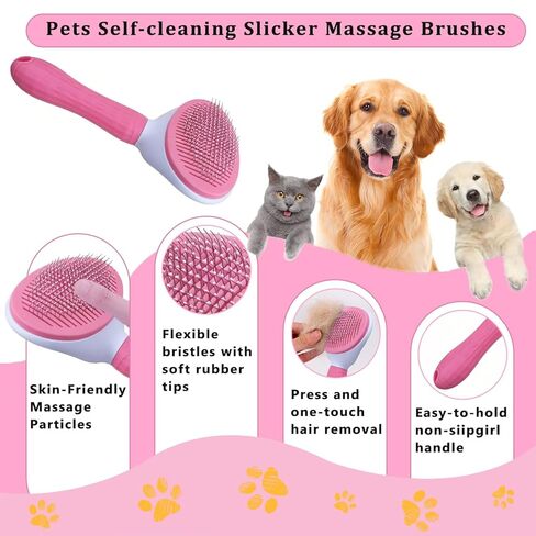 7PCS Dog Grooming Brush Kit for Shedding and Matted Fur, Self-Cleaning Slicker Brush with Undercoat Rake, Flea Comb for Long-Haired Pets, Pink in Saudi Arabia