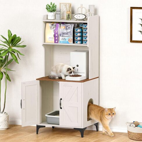 Snughome Cat Litter Box Enclosure with Storage Shelves, 2-in-1 Modern Cat Litter Box Enclosure Furniture Hidden, Wooden Cat Washroom Cat House with Metal Legs, Fit Most of Litter Box, White in Kuwait