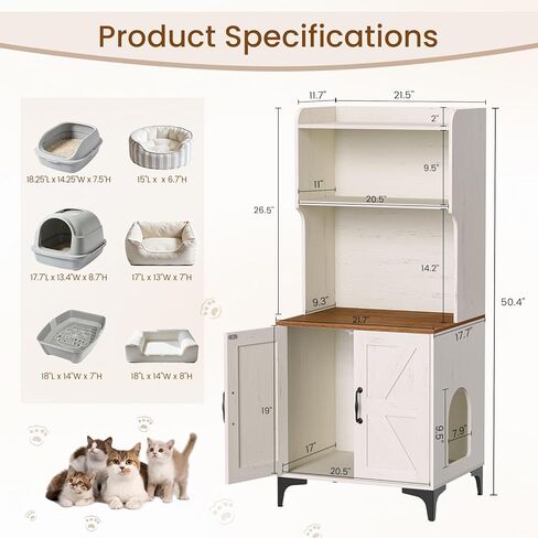 Snughome Cat Litter Box Enclosure with Storage Shelves, 2-in-1 Modern Cat Litter Box Enclosure Furniture Hidden, Wooden Cat Washroom Cat House with Metal Legs, Fit Most of Litter Box, White in Kuwait