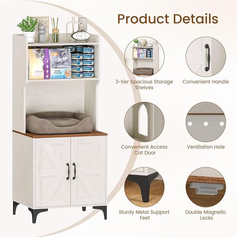 Snughome Cat Litter Box Enclosure with Storage Shelves, 2-in-1 Modern Cat Litter Box Enclosure Furniture Hidden, Wooden Cat Washroom Cat House with Metal Legs, Fit Most of Litter Box, White in Kuwait